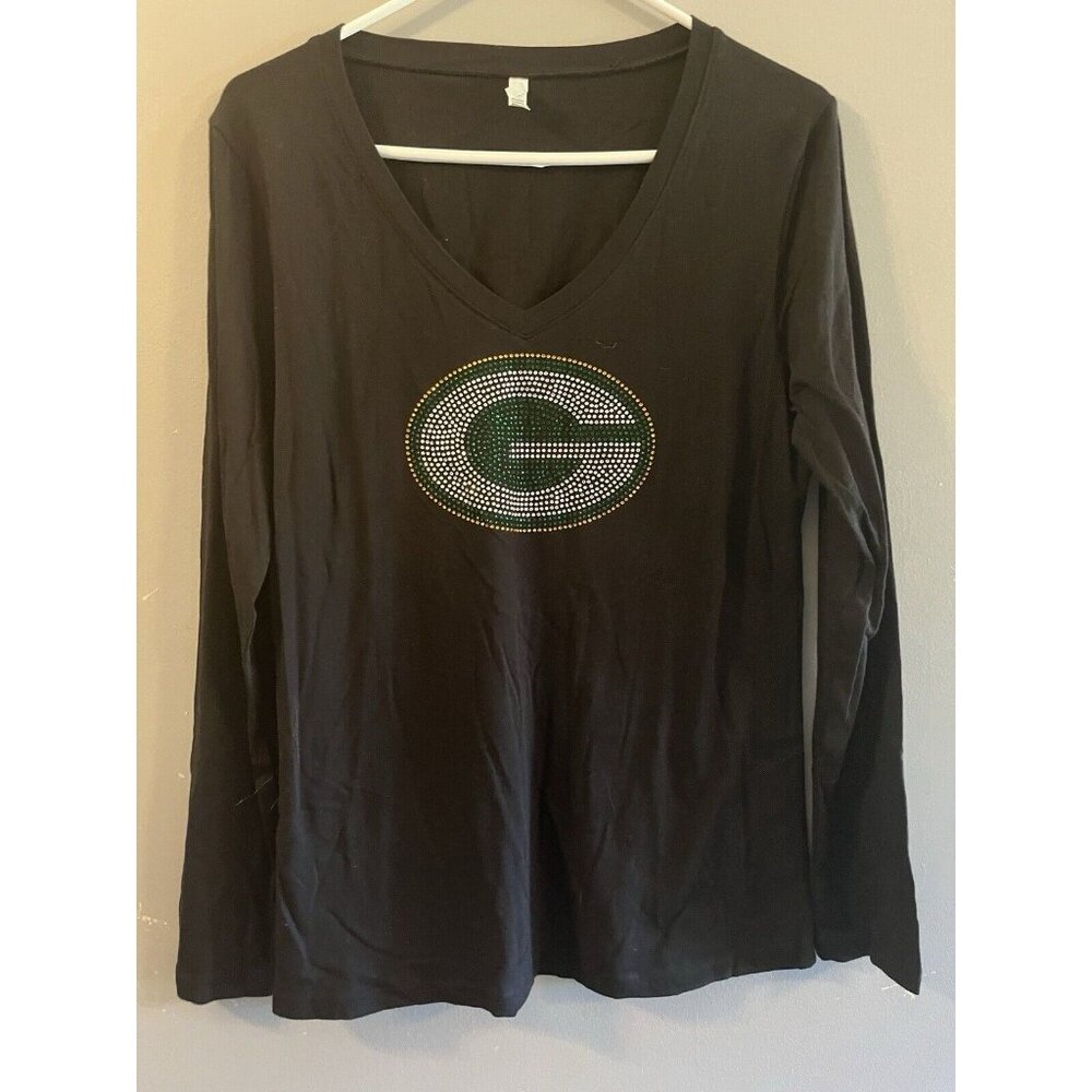 Green Bay Packers NFL Rosio Womens Long Sleeve Black‎ Tshirt Rhinestones 2XL